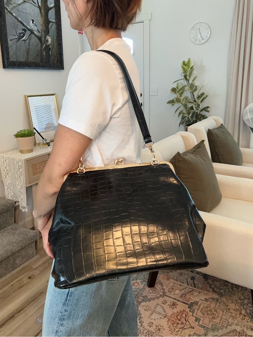 Classic Black Croc-Embossed Frame Shoulder Bag with gold kiss lock